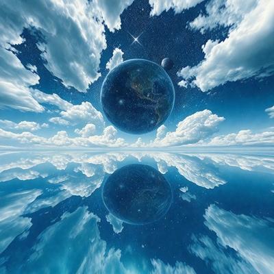 The primary subject of the image is a large, round, blue planet floating in a blue sky. The setting is a cloudy, starry night, with the planet surrounded by a few stars. The visual style is a digital art or illustration, creating a surreal and dreamy atmosphere. The colors are predominantly blue, with the blue planet and the blue sky creating a serene and calming mood.